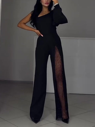 Single Sleeve Patchwork Mesh Jumpsuit